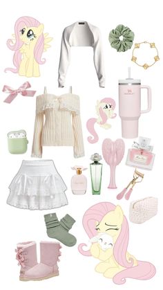 a bunch of items that are on top of a white surface and in the middle is a pink pony