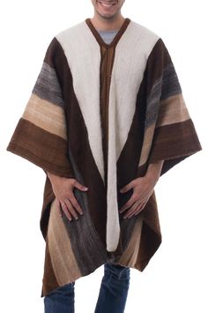 Warm shades of brown, grey and ivory evoke Andean fields in Autumn. Working in luxurious alpaca, Faustino Maldonado creates a men's poncho with wide bands of earthen colors. The warm but lightweight garment is woven by hand on a traditional loom. Mexican Traditional Clothing, Pinterest Clothes, Poncho Men, Mens Poncho, Stylish Spring Outfit, Alpaca Poncho, Blue Jordans, Wool Poncho, Poncho Pattern