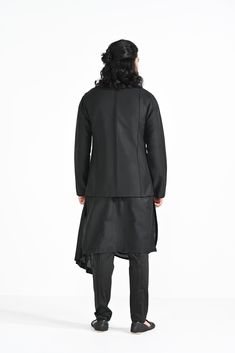 Jet Black Bamberg Raw Silk Nehru Kurta Set inpired by A Rajasthani Painting, with hand embroidered Nehru and a drape Kurta. Paired with Jet black slim fit Pant Pajama. Color of the actual garment may vary due to lighting conditions during the shoot.
 

Size Chart For Men





	
	
					Men's Size Chart
		

		
		
						
				Size Chart For Men
				Custom Size Measurement Guide
			
			
				
				
				Custom Size Measurement Guide
1. Take your measurements at ease…don’t hold your breath!
2. Be a littl Traditional Tailored Kurta For Eid, Traditional Chikankari Kurta For Work, Traditional Chikankari Embroidery Kurta For Work, Traditional Bandhgala For Eid Workwear, Traditional Kurta For Workwear, Fitted Dabka Kurta For Workwear, Traditional Kurta For Festive Workwear, Traditional Festive Kurta For Workwear, Traditional Festive Workwear Kurta