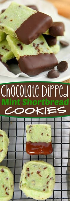 chocolate dipped mint shortbread cookies on a cooling rack