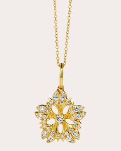 Suspended from a delicate chain, this 18-karat gold pendant is intricately carved into an openworked floral shape. Brilliant-cut diamond accents create ambient shimmer. From Syna Jewels’ Jardin Collection, inspired by the grounding properties of Earth’s natural kingdom. Lobster claw clasp 18k yellow gold and diamond Diamond carat: 0.4 ctw Diamond color: K Diamond clarity: SI2 Diamond cut: round brilliant Polish with soft cloth Stones sourced from India Made in Thailand Measurements Chain length: 18in | Syna Jewels Women's Diamond Jardin Flower Pendant Necklace in Yellow Gold Elegant Yellow Gold Flower Jewelry, Elegant Yellow Gold Diamond Necklace With Detachable Pendant, Luxury Diamond Necklace With Flower Pendant, Elegant Yellow Gold Flower Shaped Jewelry, Luxury Jewelry With Large Flower Pendant, Luxury Necklace With Flower Charm And Pendant, Luxury Yellow Gold Flower Pendant Jewelry, Elegant Yellow Gold Jewelry With Flower Charm, Elegant Yellow Gold Jewelry With Large Pendant