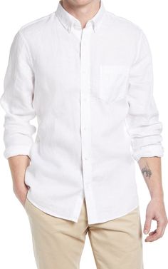 Nordstrom Trim Fit Solid Linen Button-Down Shirt | Nordstrom Casual White Collared Dress Shirt, White Casual Dress Shirt With Spread Collar, Slim Fit Collared Shirt With Pockets, Collared Slim Fit Shirt With Pockets, Spring Relaxed Fit Dress Shirt With Button Closure, Casual White Buttoned Dress Shirt, White Casual Dress Shirt With Buttons, Casual White Dress Shirt With Buttons, White Shirt With Welt Pockets And Spread Collar