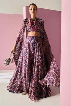 Shop for Ridhi Mehra Blue Blouse Ewaz Printed Cape Sharara Set for Women Online at Aza Fashions Chiffon Sharara, Yellow Sharara, Cape Set, Ridhi Mehra, Chiffon Cape, Raw Silk Lehenga, Embroidered Crop Tops, Draped Blouse, Blue Floral Blouse