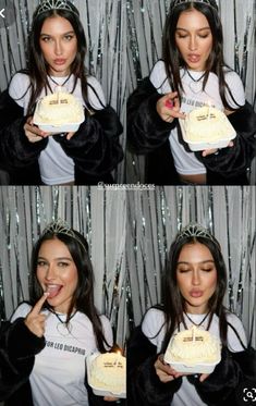 a woman holding a cake in front of her face and wearing a tiara with the words happy birthday written on it