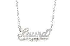 "Personalize this Rhodium Beaded Name Necklace \"Laura\" with the name of your choice! And is custom made by hand and polished from 14K Gold Over Sterling Silver plate. Rhodium plating on the first letter and the tail of this Name Plate. The Name Plate comes with an 18\" Silver Link chain and a max Personalization of 10 Characters; 1 or 2 of the letters may be capitalized. Measures approximately: 1.44\" X 0.69\". More Styles From Our Shop ♥️ https://www.etsy.com/shop/PersnlzdJewelryMfg Name Neck Customized White Gold Necklace For Anniversary, White Gold Nameplate Jewelry With Names, Customizable Silver Jewelry For Jewelry Making, Customizable Silver Wedding Necklace, Custom Name Necklace In White Gold For Anniversary, Customized Sterling Silver Name Necklace For Anniversary, Custom White Gold Necklace With Name For Anniversary, Personalized Silver Jewelry For Anniversary, Customized White Gold Sterling Silver Necklace