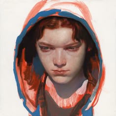 a painting of a woman with red hair and blue hoodie looking at the camera