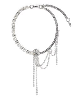 Materials: Rhodium plated brass, Swarovski crystal, 8mm Swarovski faux pearl Length: 19"/ 48cm Adjustable Made in NYC MR007-02 Diana Necklace, Jewel Accessories, Spiked Jewelry, Crystal Spikes, Crystal Hair Clips, Bold Necklace, Chain Reaction, Mixed Metal Jewelry, Crystal Hoop Earrings