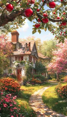 a painting of an apple tree in front of a house with flowers and trees around it