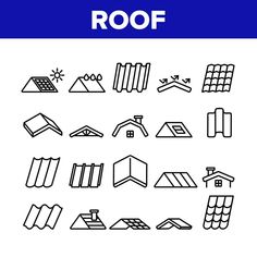 a set of different types of roofing materials on a white background with blue border