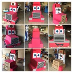 several pictures of the same pink truck made out of cardboard boxes with eyes and nose