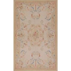 a beige rug with an ornate design on the top and bottom, in various colors