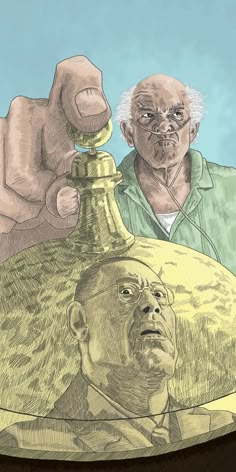 a drawing of two men in front of a giant bottle with a man's head on it