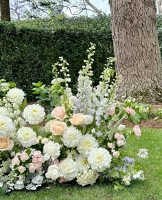 a bunch of flowers that are sitting in the grass near a tree and some bushes