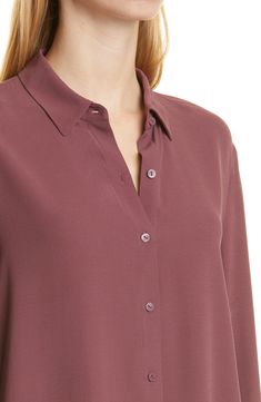 A classic spread collar furthers the modern-chic style of this button-up shirt fashioned from a luxe silk georgette crepe. 25 1/2" length (size Medium) Spread collar Long sleeves with button cuffs 100% silk Dry clean or machine wash, line dry Imported Silk Button Up, Modern Chic, Eileen Fisher, Fig, Chic Style, Shirt Style, Button Up Shirts, Button Up, Dry Clean