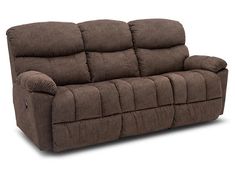 the reclining sofa is brown and has two pillows on it's back end