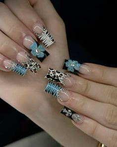 #nailstagram #cutecore #naildesign Mix Shape Nails, Cute Nail Designs Dark Colors, Gelx Inspo Nails Square, Original Nail Ideas, Square Shaped Nails Long, Square Nails Cheetah Print, Nails Inspo 2024 Square, Nail Ideas Cartoon