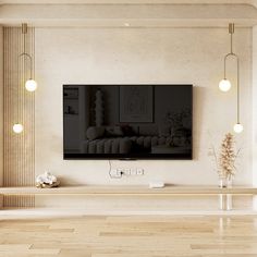 a large flat screen tv mounted to the side of a wall in a living room