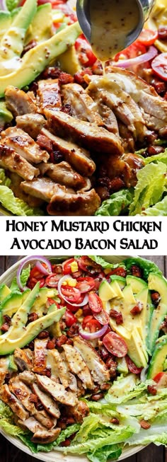 chicken salad with avocado, tomatoes and lettuce on it is shown