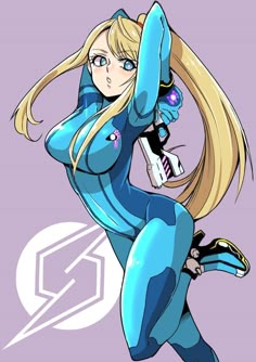 an anime character with long blonde hair and blue body, holding a skateboard in her hand