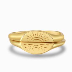 Sun And Moon Ring Set on a white background Gold Crescent Ring With Sun And Moon Design, Gold Jewelry With Sun And Moon Design, Gold Moon Phase Ring As Gift, Gold Open Ring Jewelry With Sun And Moon Design, Gold Open Ring With Sun And Moon Design, Gold Open Ring With Moon Phase, Gold Open Ring With Moon Phase Detail, Symbolic Gold Rings With Sun And Moon Design, Gold Rings With Sun Design As Gift