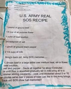 a us army real sos recipe on a piece of paper