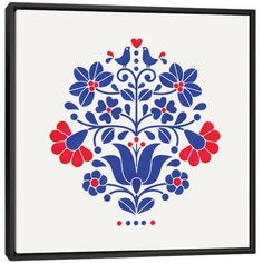 a red, white and blue flower arrangement on a white background framed canvas wall art print