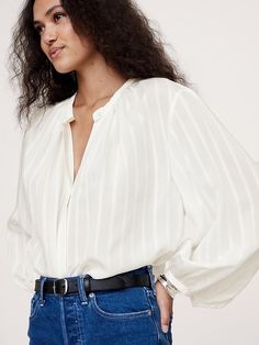 Rayon-Silk Blouse | Banana Republic White Long Sleeve Silk Shirt, Romantic Soft Summer, Long Sleeve Blouse Designs, Ethereal Romantic, White Silk Blouse, Blouses And Tops, Deep Autumn, Guipure Lace, Women's Blouses