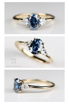 three different views of an engagement ring with blue and white diamonds on the side, from top to bottom