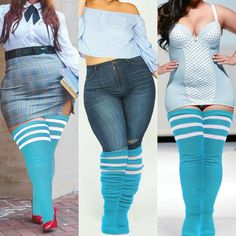 Plus Size Thigh High Socks Striped- Blue & White Blue Thigh High Legwear For Winter, Trendy Over-the-knee Knee-high Socks For Winter, Trendy Over-the-knee Winter Knee-high Socks, Trendy Over-the-knee Winter Socks, Fitted Blue Thigh-high Stockings, Fitted Blue Knee-high Legwear, Blue Knee-high Leg Warmers For Winter, Trendy Blue Knee-high Socks For Winter, Blue Winter Legwear