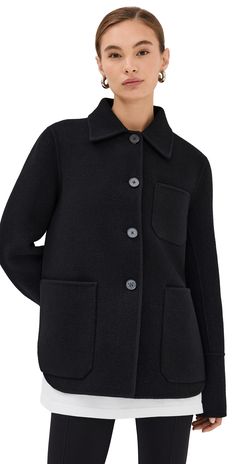 Find JIL SANDER Doubleface Jacket on Editorialist. Fabric: Heavyweight felted wool. Collared neck. Long sleeves with button cuffs. Button placket. Patch breast and hip pockets. Shell: 100% virgin wool. Dry clean. Made in Italy. Measurements: Measurements from size 34 Length: 26.5in / 67.0cm, from shoulder Tailored Outerwear With Buttoned Pockets For Work, Collared Wool Coat With Pockets For Work, Collared Wool Coat With Pockets, Wool Outerwear With Button Cuffs And Long Sleeves, Wool Button-up Blazer With Button Cuffs, Wool Blazer With Button Cuffs, Wool Blazer With Button Cuffs And Button-up Style, Wool Collared Blazer With Button Closure, Wool Single-breasted Outerwear With Fold Down Collar