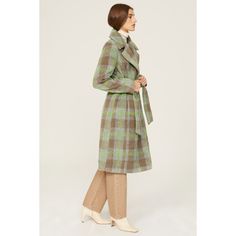 Green plaid (100% Polyester). Coat. Long sleeves. Collar. Front button closure. 44" from shoulder to hemline. Imported. Spring Plaid Cotton Outerwear, Plaid Cotton Outerwear For Work, Chic Plaid Cotton Outerwear, Spring Daywear Plaid Outerwear, Plaid Outerwear For Spring Daywear, Spring Plaid Wool Outerwear, Plaid Wool Outerwear For Spring, Plaid Button-up Outerwear For Office, Plaid Button-up Office Outerwear