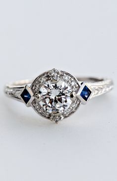 R5657E #vintage #sapphire #halo #diamond #whitegold #wilsondiamonds Pinterest Engagement, Vintage Sapphire, Men Diamond Ring, Round Moissanite, Vintage Jewels, Art Deco Jewelry, Love Ring, Dream Jewelry