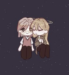 two anime characters sitting next to each other on a dark background with stars in the sky