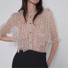 Zara “The Patrice Blouse” Sheer Dot Short Sleeved Button Up Blouse With Ruffles 100% Nylon Elegant Polka Dot Blouse With Buttons, Chic Polka Dot Blouse With Buttons, Elegant Button-up Polka Dot Tops, Elegant Polka Dot Button-up Tops, Elegant Polka Dot Top With Buttons, Summer Polka Dot Blouse With Button Closure, Spring Polka Dot Blouse With Button Closure, Polka Dot Blouse With Button Closure For Summer, Elegant Polka Dot Summer Blouse