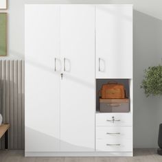 a white cabinet with two doors and some luggage in it next to a potted plant