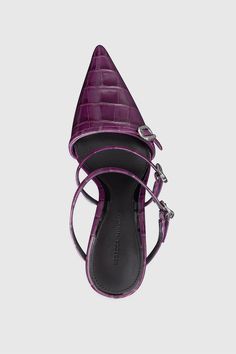 Make a bold statement with the Mule with Buckles. Featuring a high heel and standout buckle details, this mule is crafted from premium leather with a pointed toe. The leather lining and sock provide comfort, ensuring you look and feel your best. Style# BUCKLEMLH94 Leather Crocodile Heel Height: 3. | Rebecca Minkoff Buckle Heeled Mule In Berry - Size 7.5 Pointed Toe Calf Leather Slingback Pumps With Buckle Closure, Luxury Pointed Toe Mules For Office, Pointed Toe Calf Leather Heels With Buckle, Pointed Toe Calf Leather Heels With Buckle Closure, Designer Mules With Pointed Toe And Reinforced Heel, Designer Mules With Reinforced Heel And Pointed Toe, Designer Pointed Toe Mules With 4-inch Heel, Modern Calf Leather Heels With Buckle Closure, Party Calf Leather Pointed Toe Mules