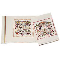 two napkins with embroidered designs on them, one in white and the other in red