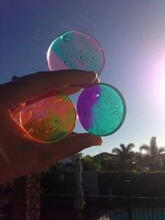 someone is holding two soap bubbles in front of the sun and palm trees behind them