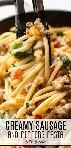 serving tongs with bucatini and text overlay that reads creamy sausage and peppers pasta Peppers Pasta, Sausage And Peppers Pasta, Creamy Sausage Pasta, Pepper Pasta, Sausage And Peppers