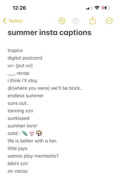 an iphone screen with the text summer insta captions written in different font styles