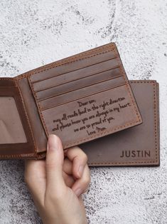 "This wallet can be personalized with the monogram of your choice, making a special gift that will be cherished for years to come. You can add a custom message on the inside (up to 20 words) to have a perfect present for groomsmen, husbands, boyfriends or fathers. ► MORE ∙ P E R S O N A L I Z A T I O N Add more personal touch to your gifts with a Custom Aluminum Wallet Insert Card from this listing: https://etsy.me/3x6Jum5 The perfect gift combo that the recipient is sure to cherish for years to Personalized Brown Rectangular Trifold Wallet, Brown Wallet With Interior Card Slots For Gift, Personalized Rectangular Wallet For Father's Day, Personalized Brown Wallets For Father's Day, Personalized Leather Trifold Wallet, Personalized Leather Wallet Rectangular, Customizable Wallets For Everyday Use, Customizable Leather Wallets For Gifts, Customizable Leather Wallets As Gifts