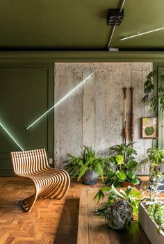 a living room filled with lots of plants next to a wooden table and chair on top of a hard wood floor