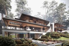 an artistic rendering of a modern house in the woods with trees and bushes surrounding it