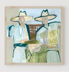 an abstract painting with two people wearing hats