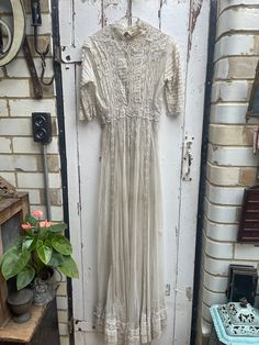 Antique Edwardian Long White Lace Dress Size XS UK 6/8 - Etsy Cream Floor-length Dress With Lace Work, Fitted Long Lace Dress With Lace Trim, Floor-length Lace Dress With Lace Trim, Fitted Long Lace Dress With Lace Bodice, Fitted Off White Dress With Lace Work, Long Lace Dress With Lace Bodice, Cream Maxi Dress With Lace Trim, White Maxi Gown With Lace Bodice, Off-white Lace Dress For Garden Party