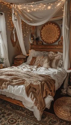 a bed with white sheets and lights hanging from the ceiling