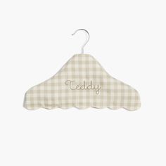 Children's Hanger in Beige Gingham with a personalized monogram name on front. Fabric Covered Hangers, Covered Hangers, Scandinavian Concept, Toddler Poncho, Beige Gingham, Baby Duvet, Scandinavian Lifestyle, Handwritten Gifts, Wooden Hanger