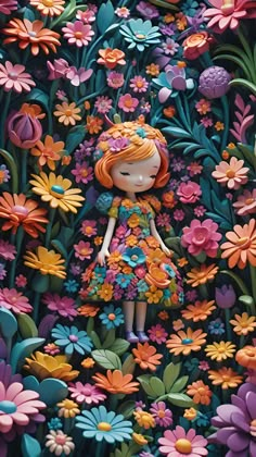 a painting of a girl surrounded by flowers