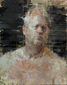 an abstract painting of a man's face and chest