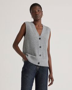 Say yes to sweater vests in 100% Grade-A Mongolian cashmere. This fresh take on a fisherman sweater comes complete with allover ribbed detailing and classic buttons. Wear it as a standalone or over a cami for a luxuriously soft layering piece. It’s the cozy-chic transitional top you’ll want to wear with everything. Read more on what makes it special in our Cashmere 101.  | Quince | Women's Mongolian Cashmere Fisherman Sweater Vest in Heather Grey, Size XS 100 Grade, Boyfriend Cardigan, Sweater Vests, Fisherman Sweater, Mini Robes, Womens Cashmere, Maxi Robes, Fall 24, Mini Dress Casual